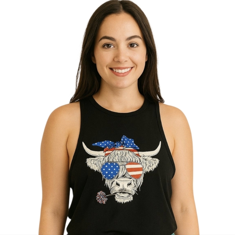 Hand Crafted Black Crop-Top 4th of July Americana Iron- On Design Red White Blue